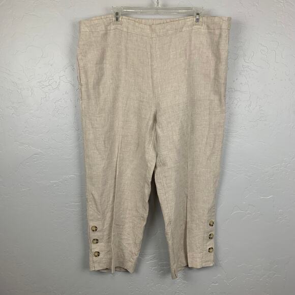 Chico's Linen Crop Wide Leg Pants Womens Size Large (2) Tan Elastic Button Hem - Picture 1 of 9